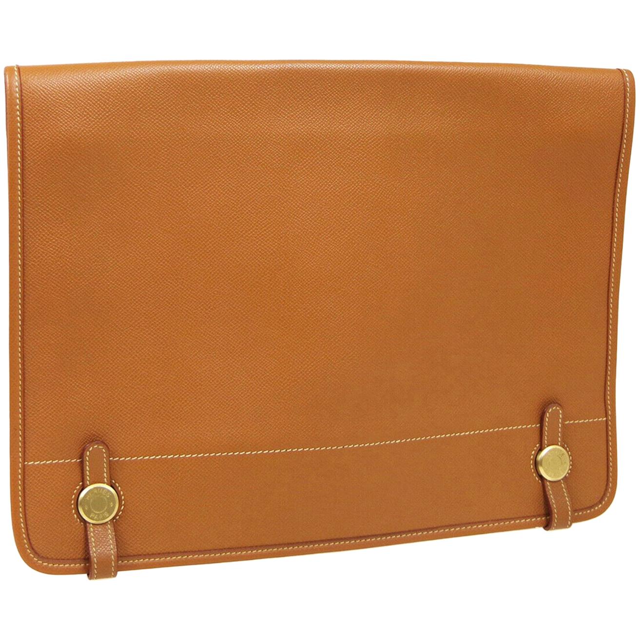 Hermes Cognac Leather Gold Top Handle Evening Portfolio Men's Clutch Flap Bag