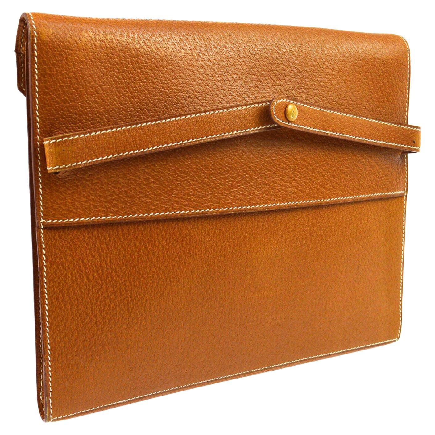 Hermes Cognac Leather Gold Top Handle Evening Portfolio Men's Clutch Flap Bag