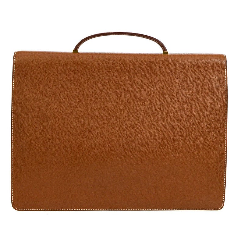 Hermes Cognac Leather Gold Top Handle Satchel Business Travel Briefcase Bag For Sale at 1stDibs