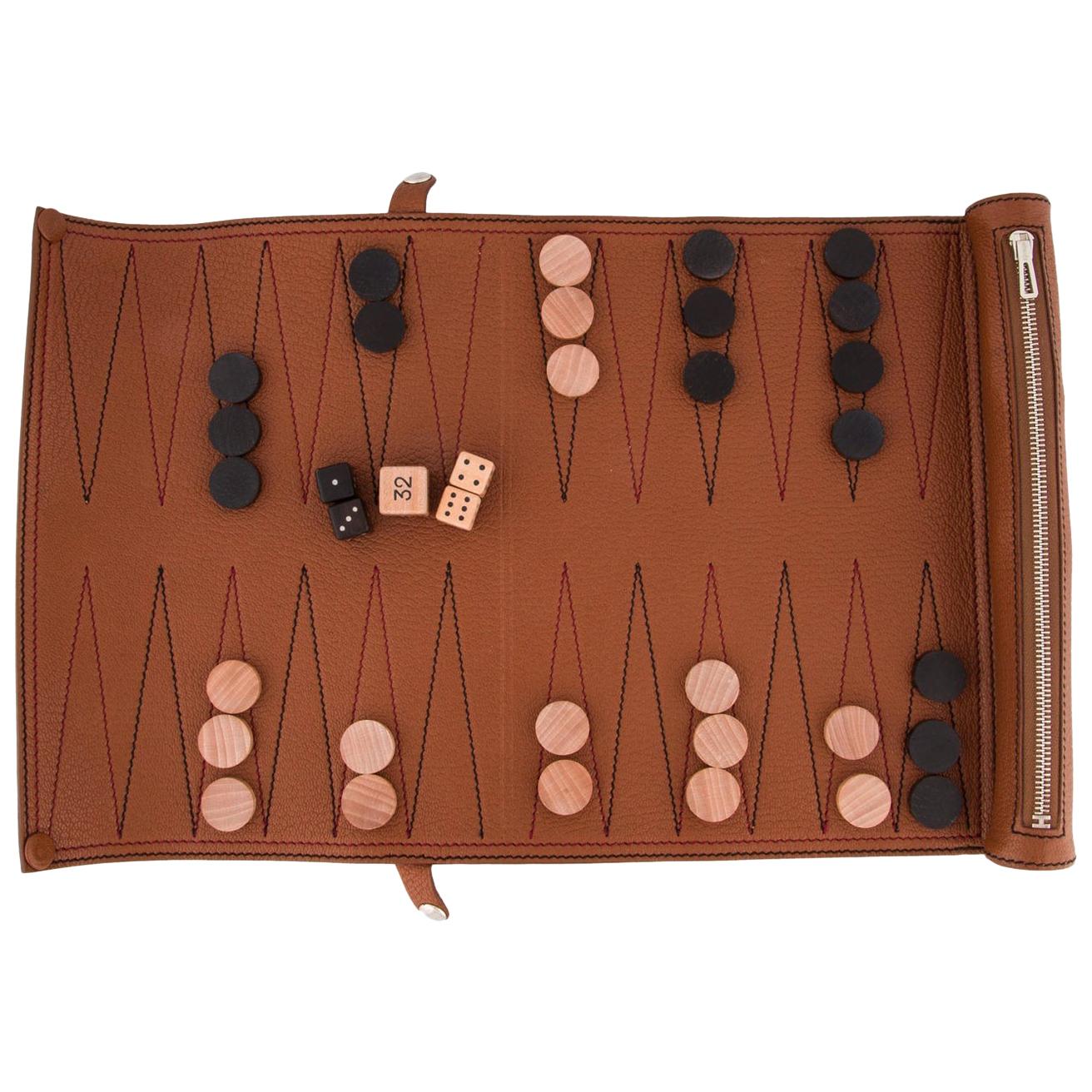 Hermes Cognac Leather Men's Women's Backgammon Dice Checkers Game Set 