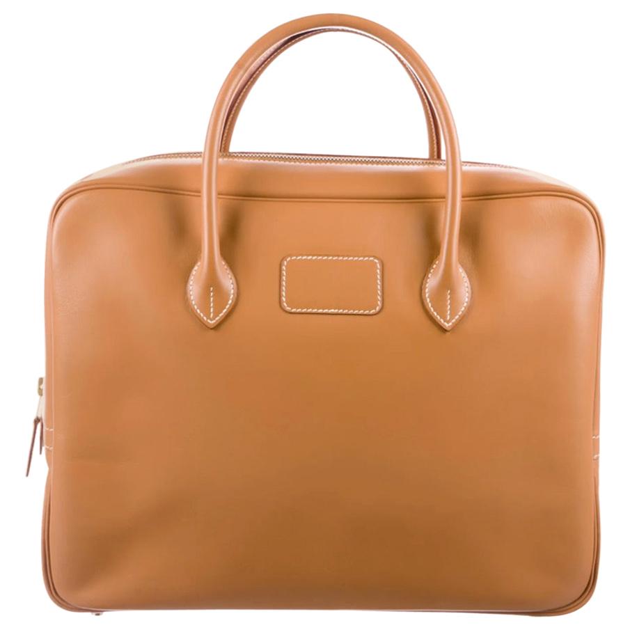 Hermes Cognac Leather Men's Women's Top Handle Satchel Carryall Tote Bag 