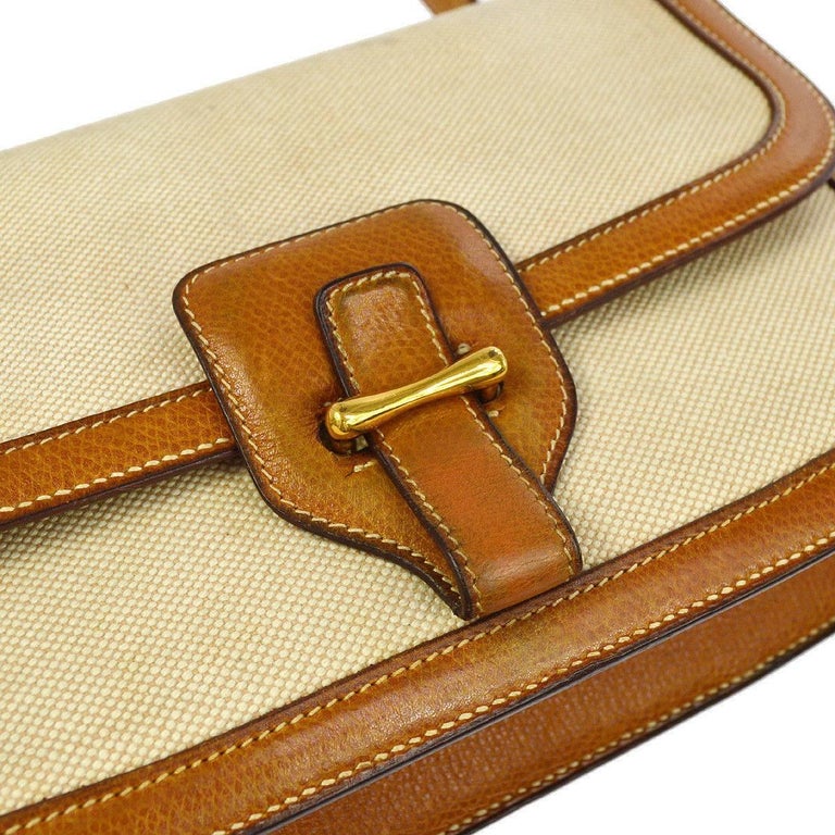 Hermes Cognac Leather Tan Canvas Gold Saddle Crossbody Shoulder Flap