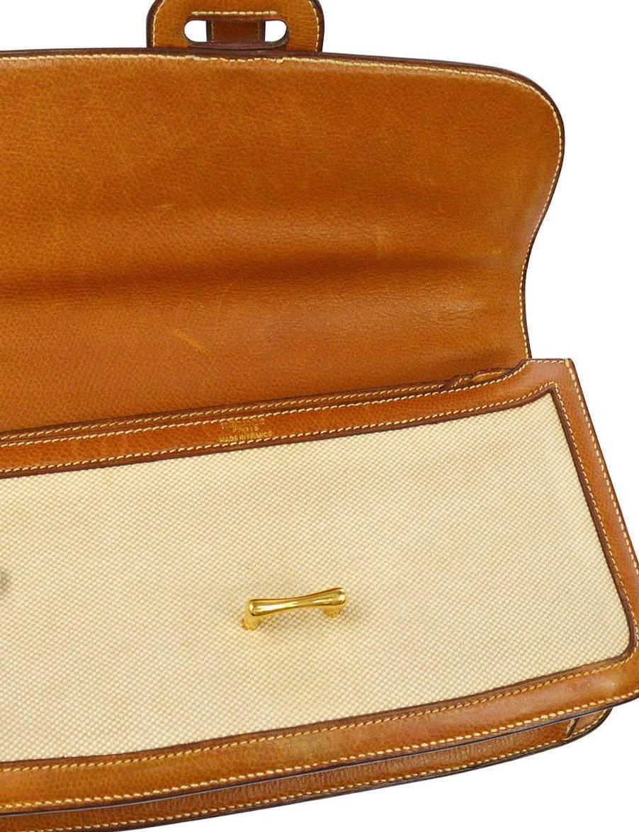 Women's Hermes Cognac Leather Tan Canvas Gold Saddle Crossbody Shoulder Flap Bag