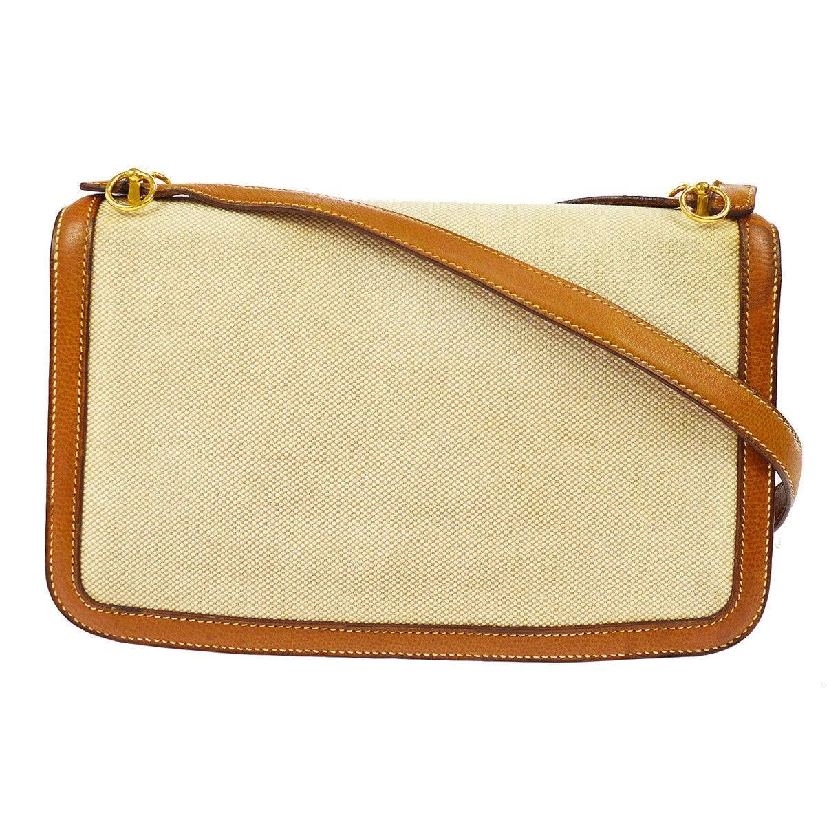 Hermes Cognac Leather Tan Canvas Gold Saddle Crossbody Shoulder Flap Bag 1