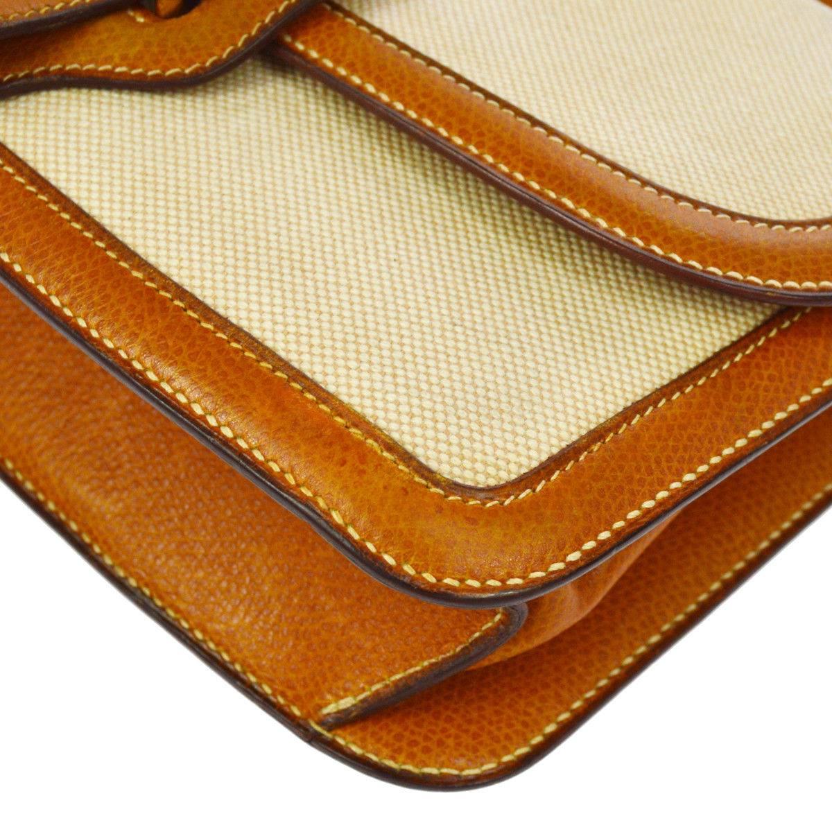 Hermes Cognac Leather Tan Canvas Gold Saddle Crossbody Shoulder Flap Bag 2