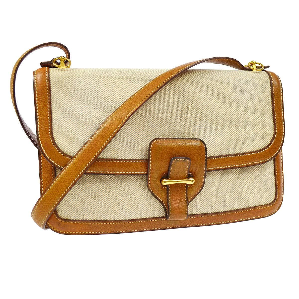 Hermes Cognac Leather Tan Canvas Gold Saddle Crossbody Shoulder Flap Bag