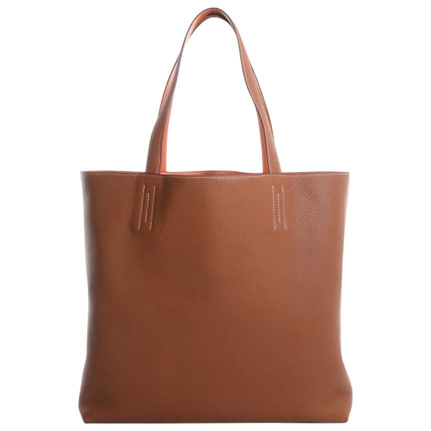  Hermes Cognac Orange Leather Reversible Carryall Travel Men's Women's Tote Bag