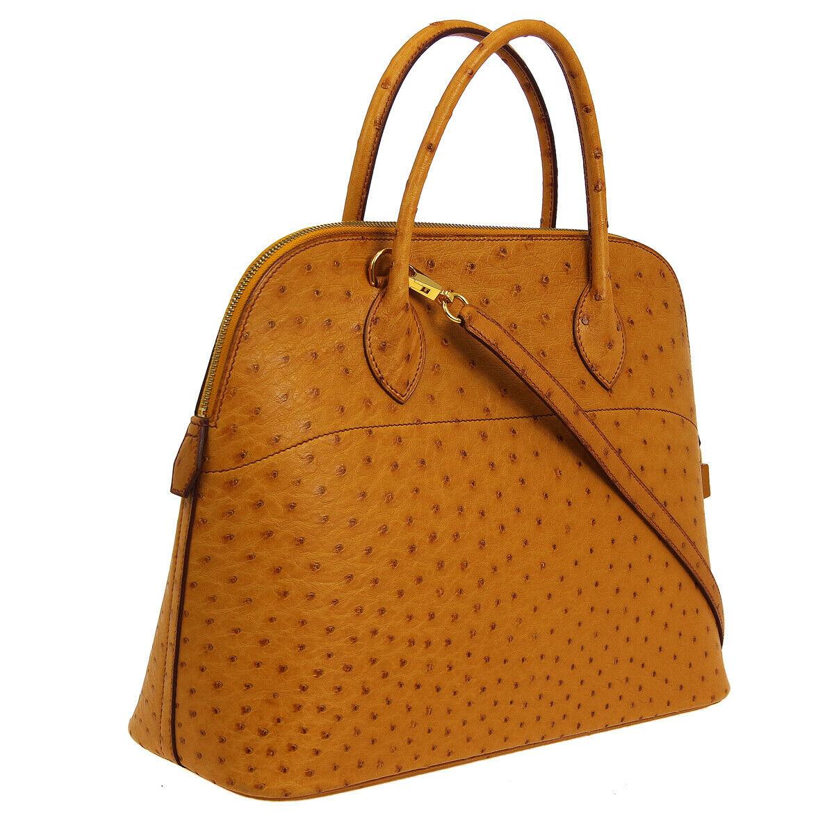 Brown Hermes Cognac Ostrich Exotic Gold Top Handle Satchel Shoulder Tote Bag