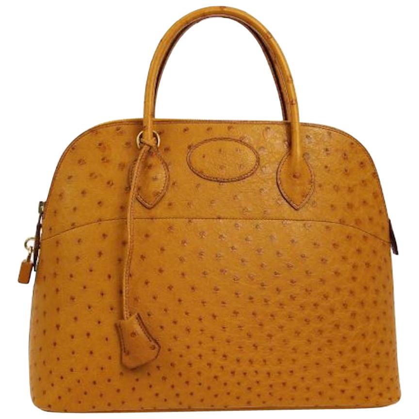 Hermes Cognac Ostrich Exotic Gold Top Handle Satchel Shoulder Tote Bag