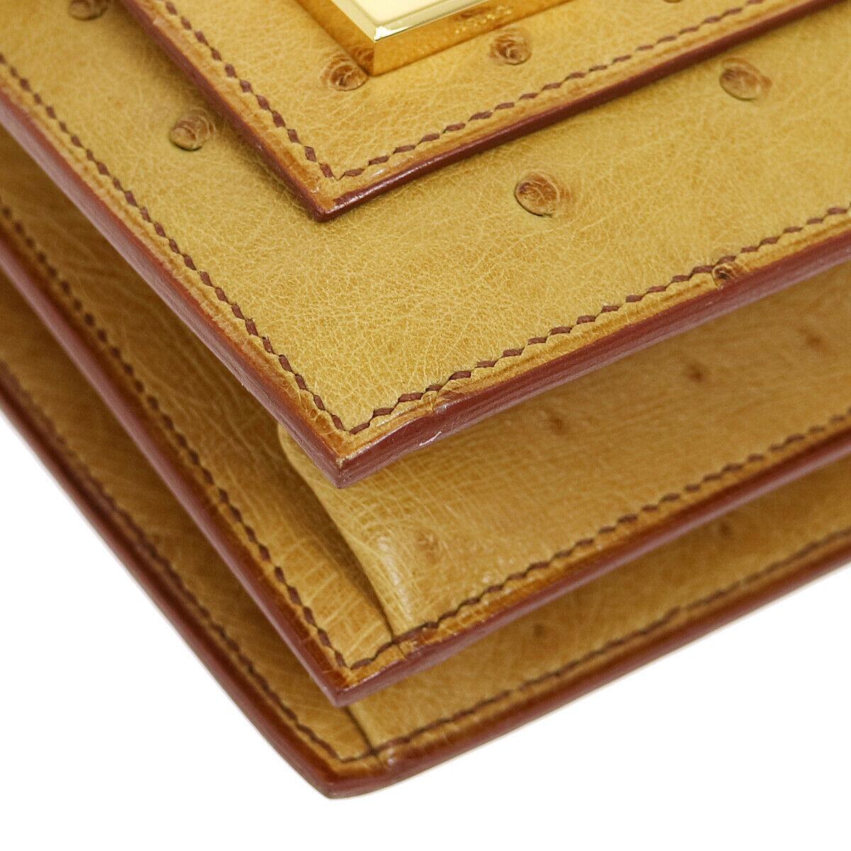 Women's Hermes Cognac Ostrich Exotic Leather Gold Evening Top Handle Satchel Bag in Box 