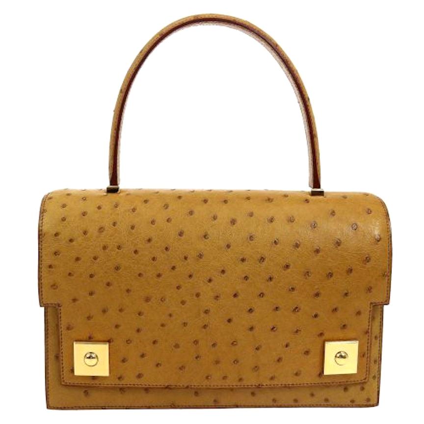 Hermes Cognac Ostrich Exotic Leather Gold Evening Top Handle Satchel Bag in Box 