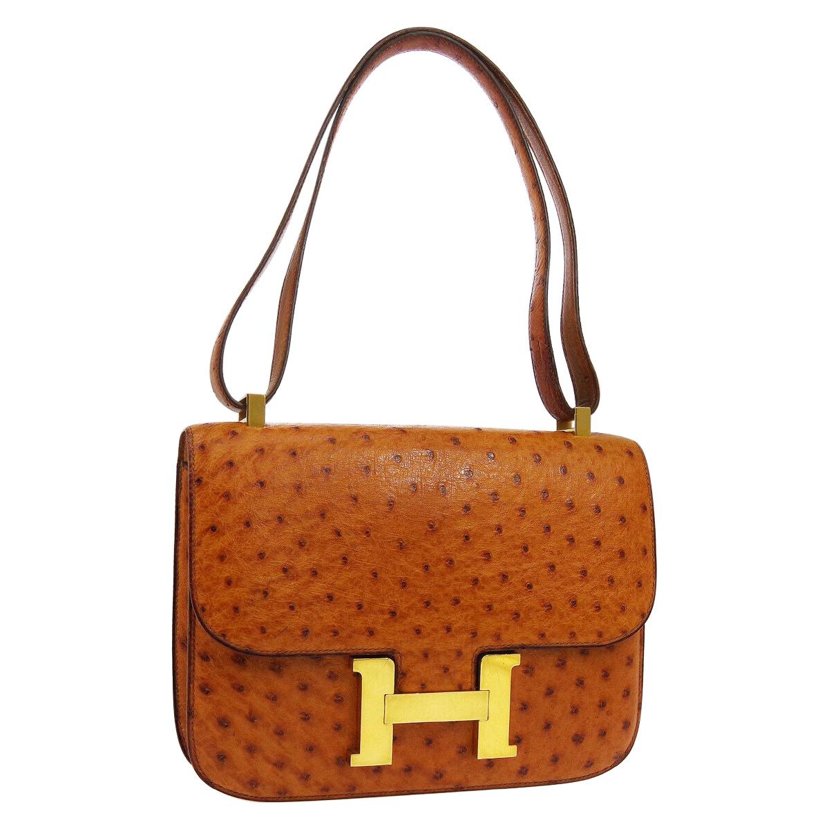 Hermes Cognac Ostrich Leather Exotic Gold 'H' Logo Shoulder Flap Bag in Box
