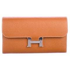 Hermes Cognac Tan Leather Palladium 'H' Logo Evening Clutch Wallet in Box