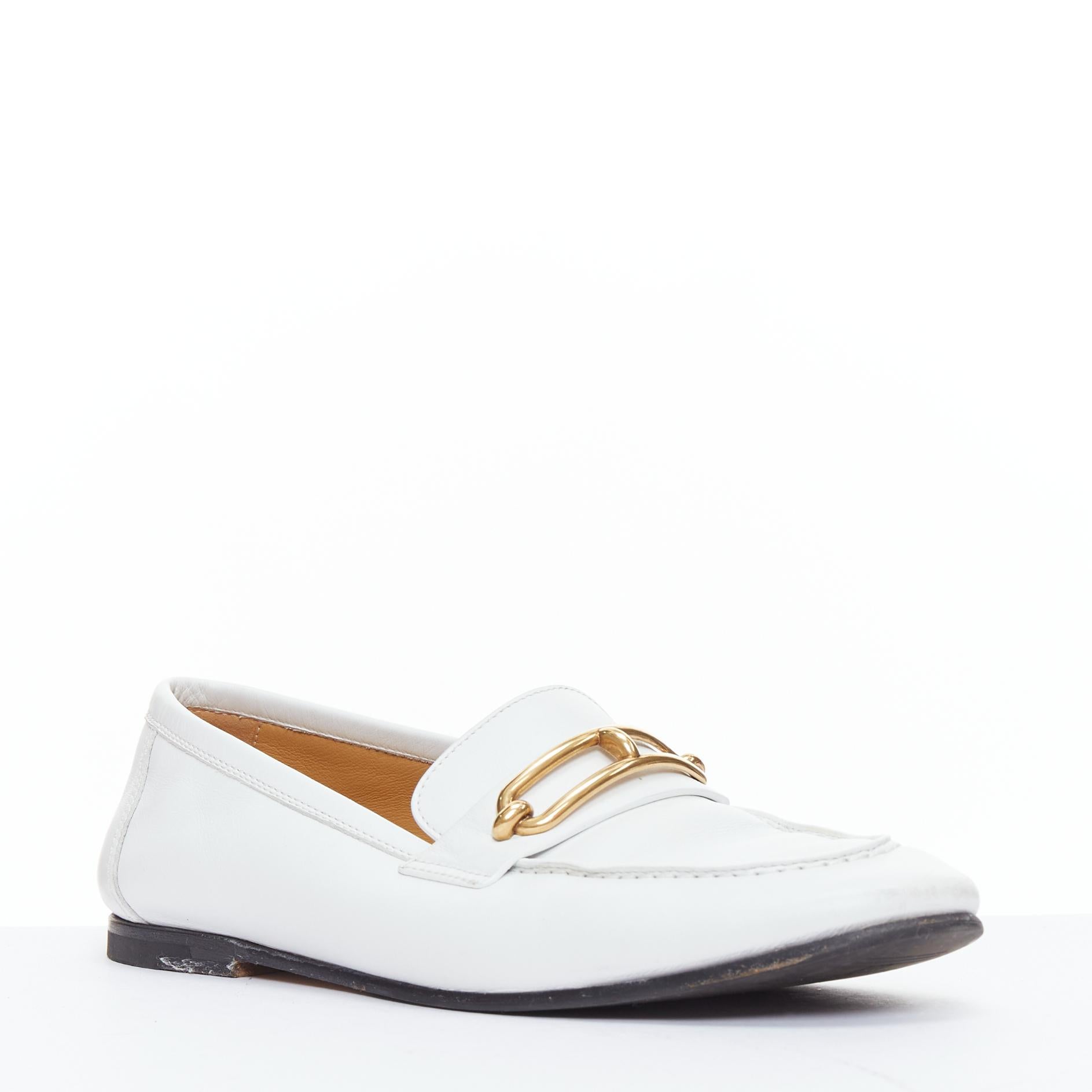 Gray HERMES Colette white goat leather gold plated Roulis buckle loafers EU37 For Sale