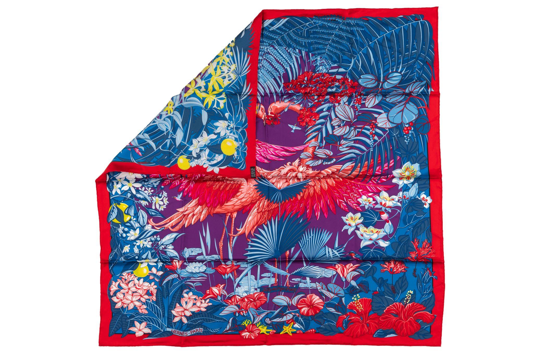 Hermes Flamingo Party silk Shawl. Fun and vibrant flamingo party motif. Features hand rolled hem. Comes with no box.