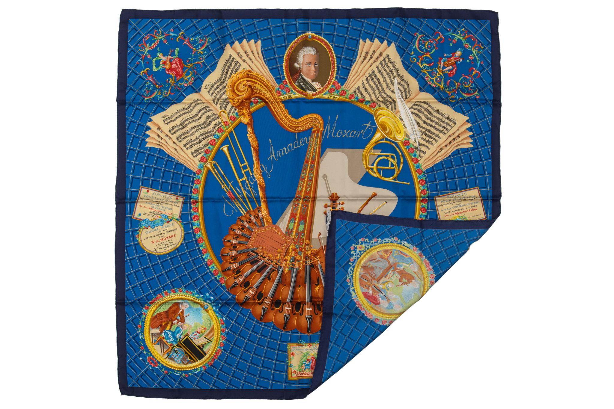 Blue Hermes Collectible Mozart Silk Scarf For Sale