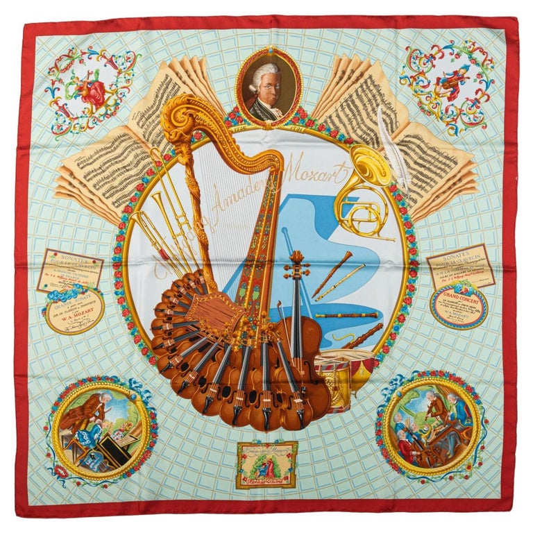 HERMES Calle 90 silk Wolfgang Amadeusu Mozart Hymn to Mozart scarf pink