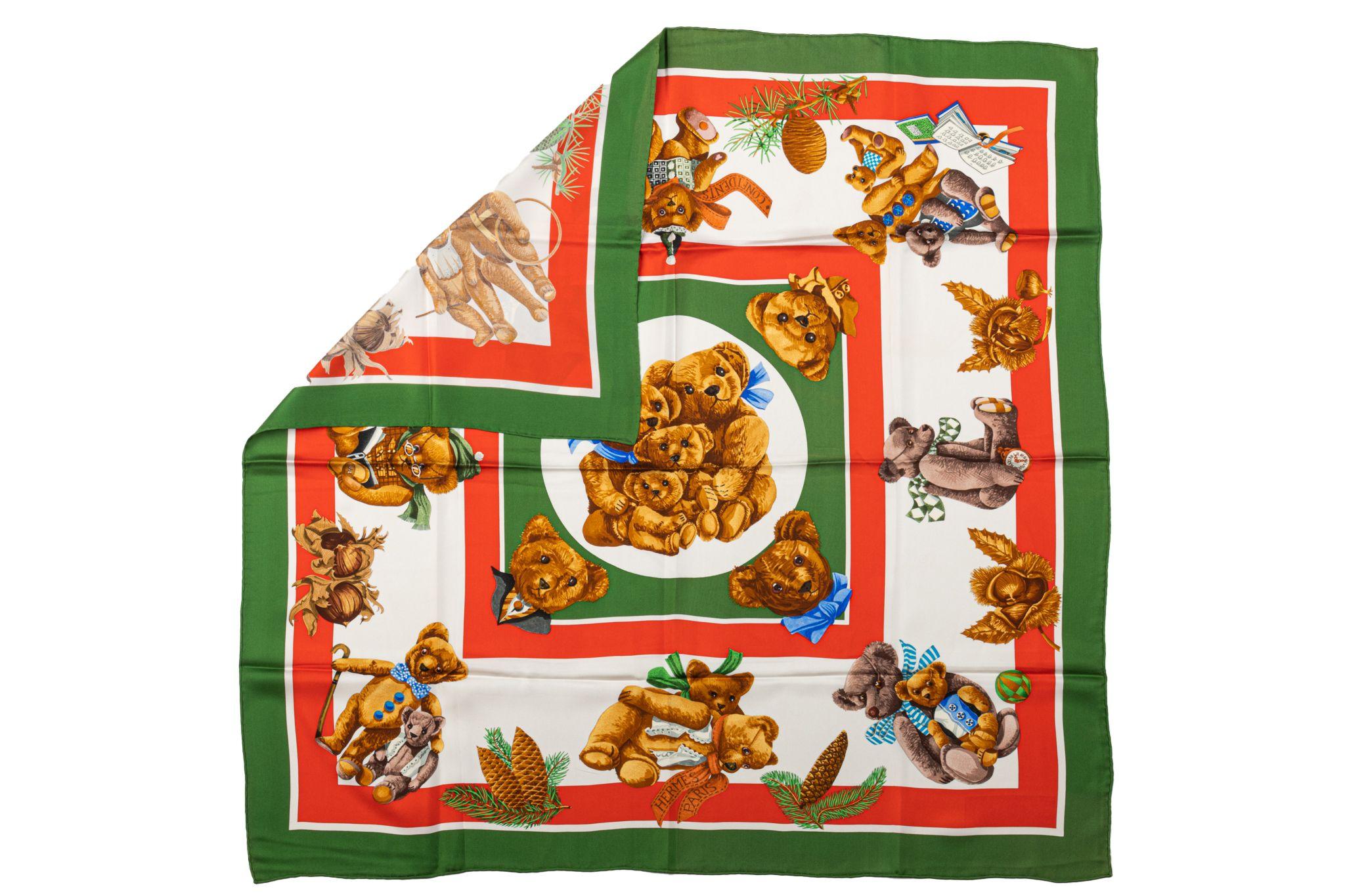 Hermès rare color way teddy bears silk scarf. Red and green . Hand rolled edges. No care tag.