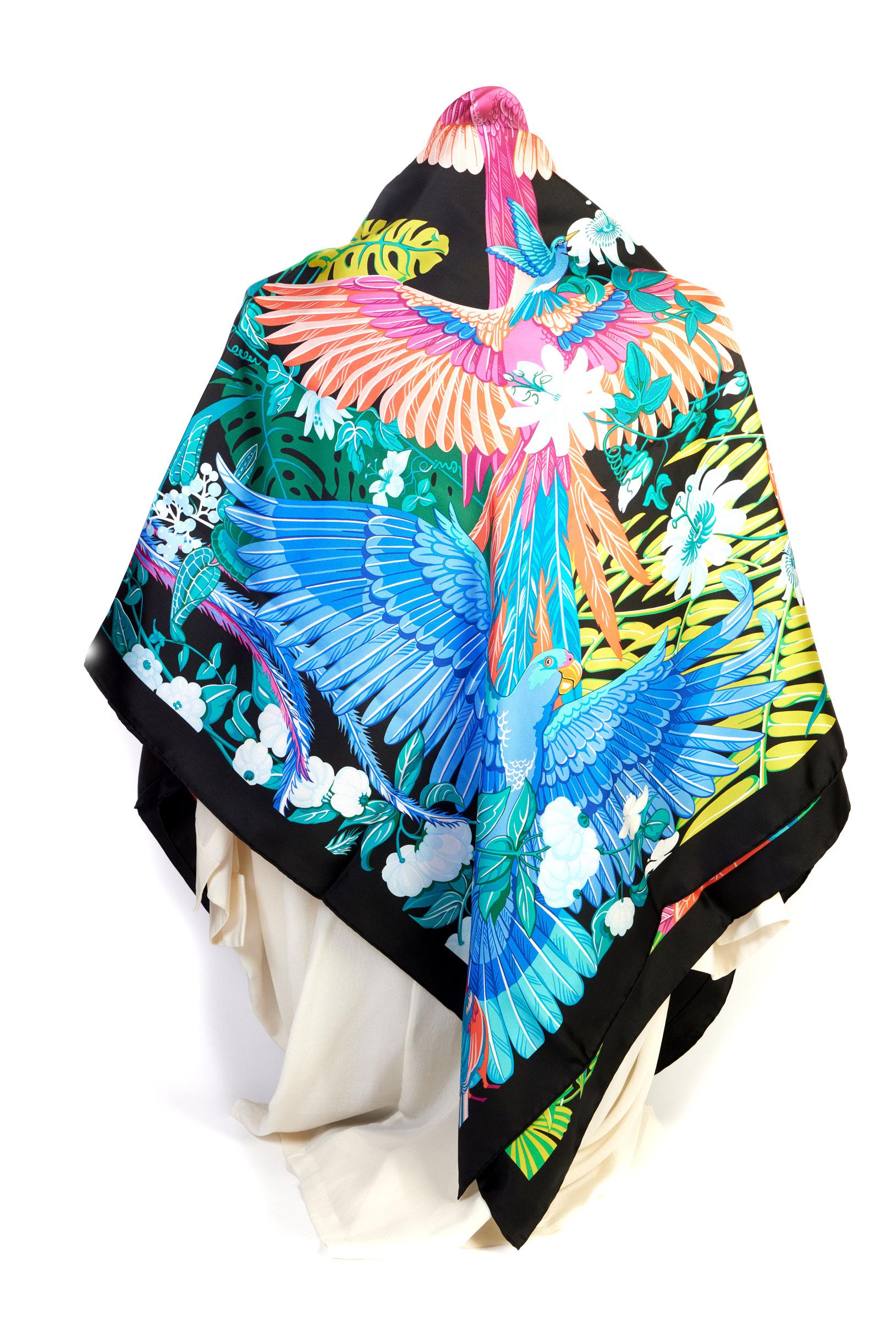 Hermes beautiful and collectible black oversize shawl with tropical colorful birds design. Hand rolled edges. Original care tag.