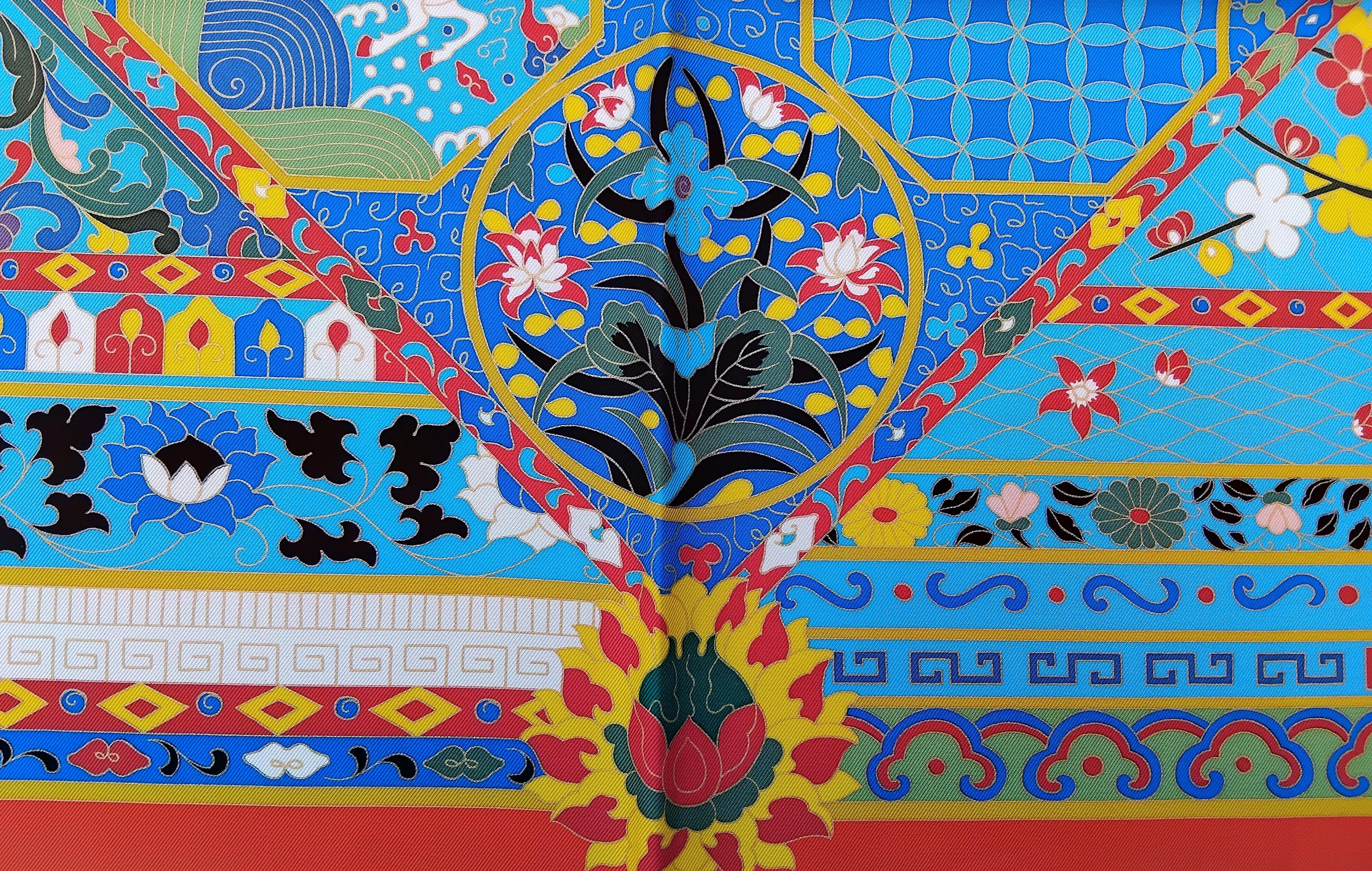 Hermès Collections Imperiales Foulard en soie Catherine Baschet Rouge Bleu Jaune en vente 2