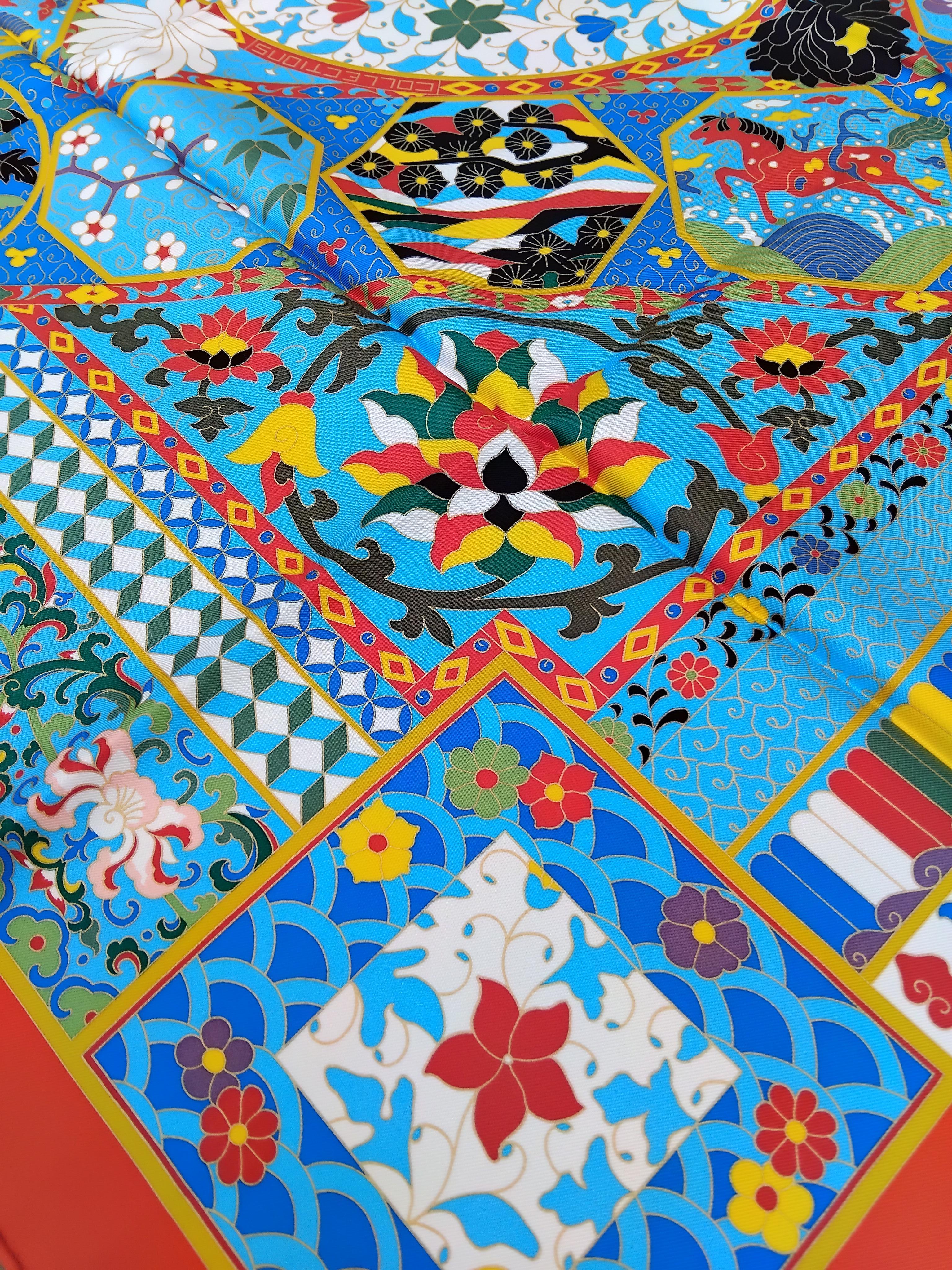 Hermès Collections Imperiales Foulard en soie Catherine Baschet Rouge Bleu Jaune en vente 5