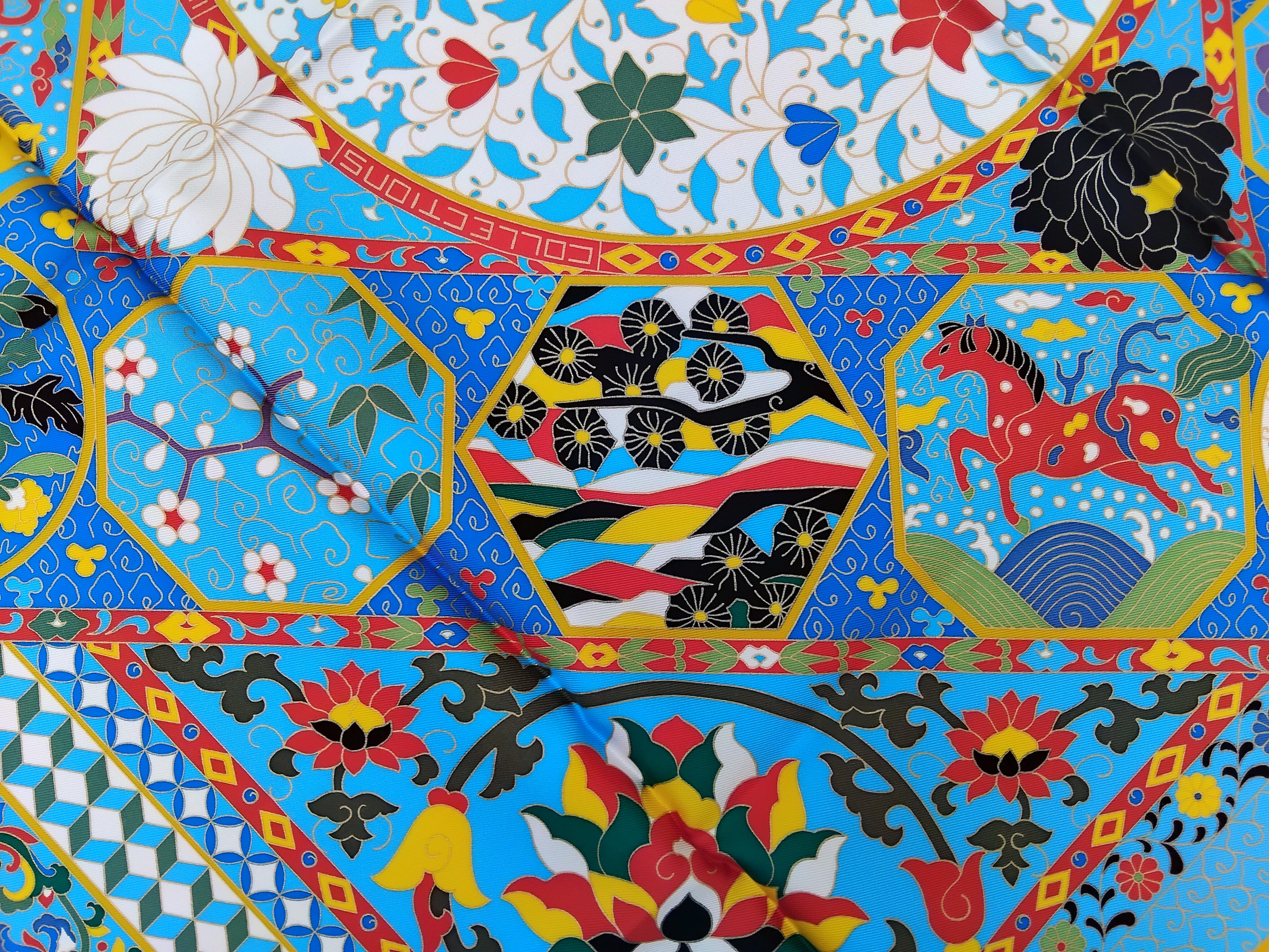 Hermès Collections Imperiales Foulard en soie Catherine Baschet Rouge Bleu Jaune en vente 6