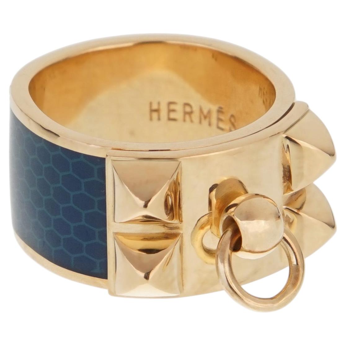 Hermes Collier De Chien 18k Yellow Gold Blue Enamel Ring Sz 5