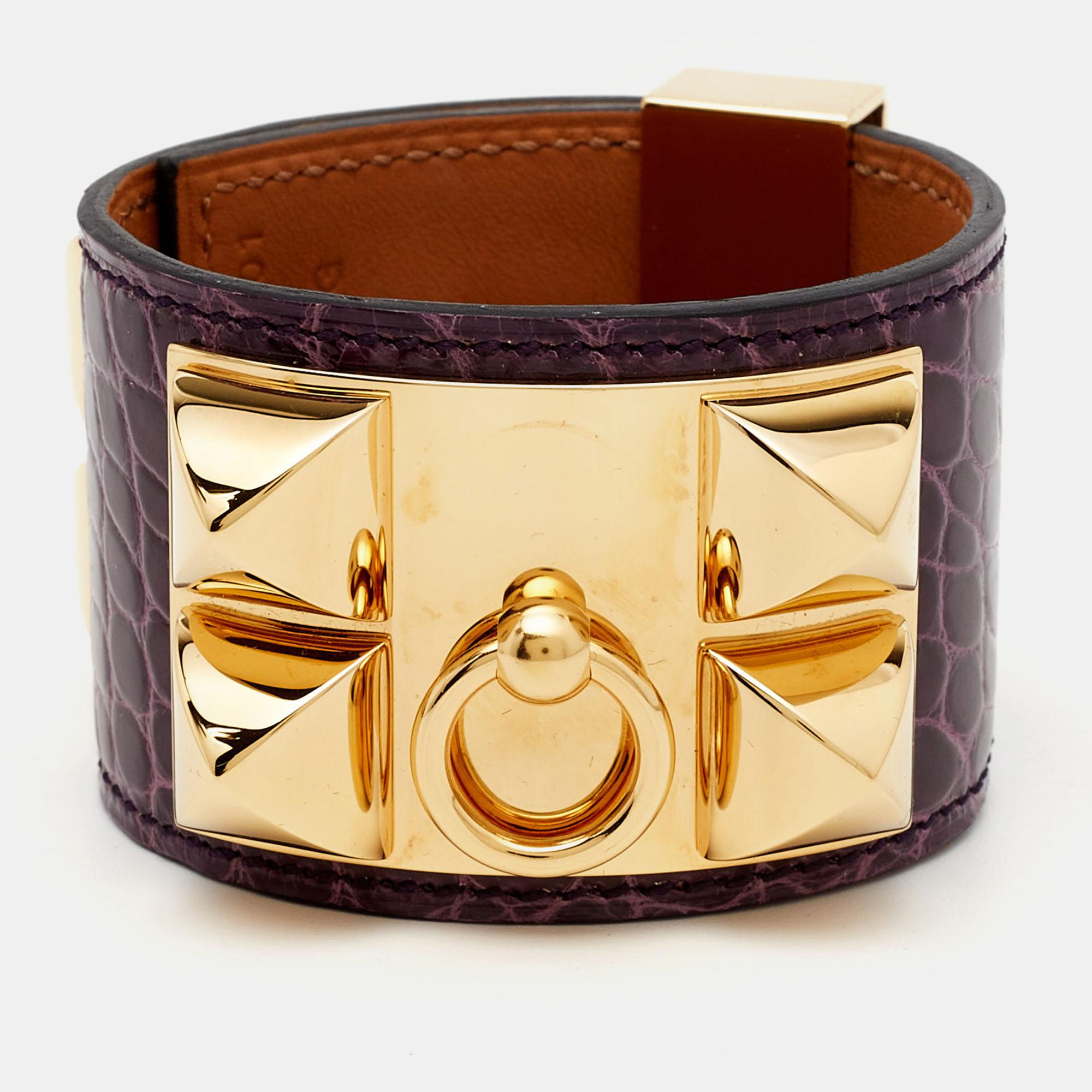 Hermes Collier De Chien Bracelet en cuir d'alligator plaqué or en vente 5