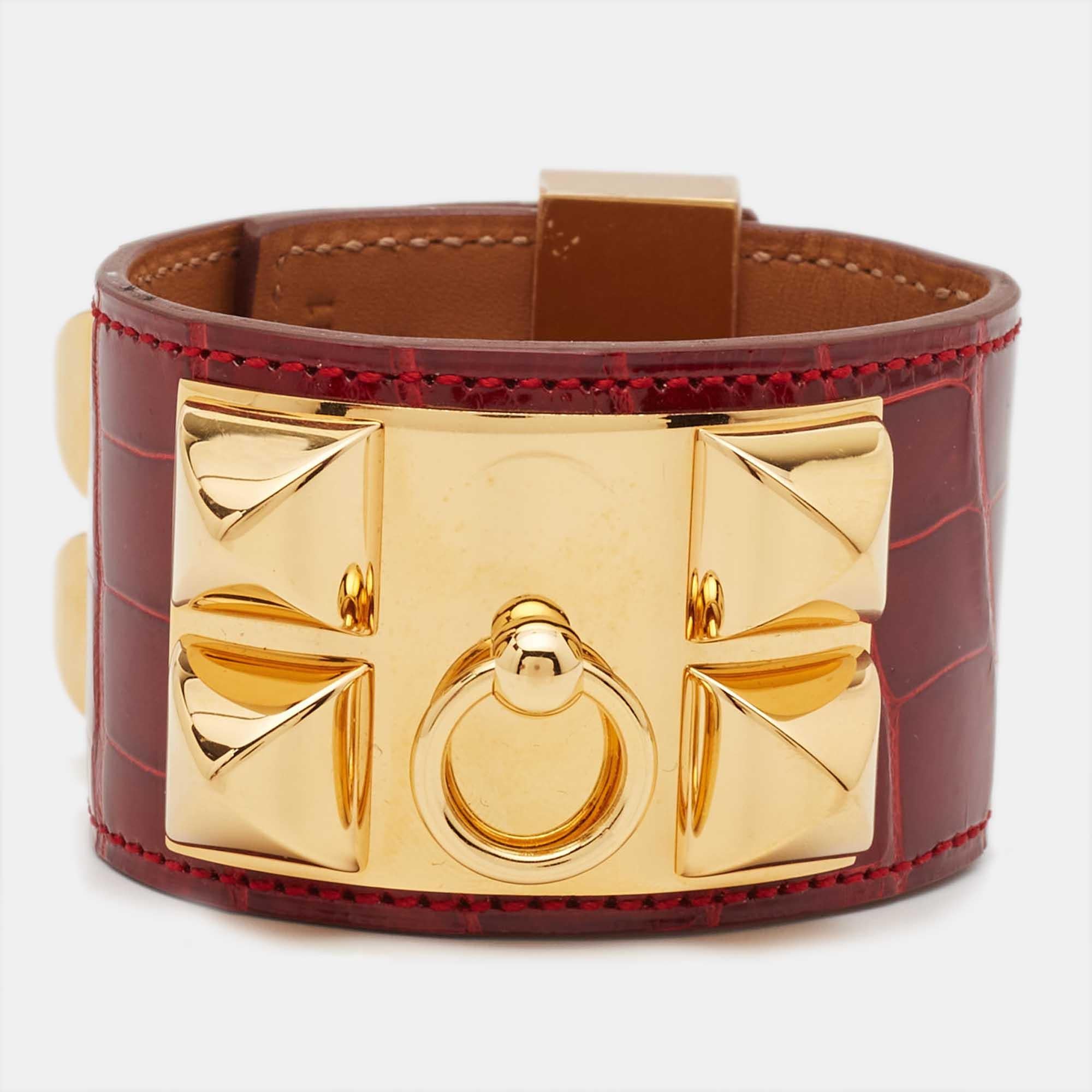 Hermès Collier de Chien Alligator Leather Gold Plated Bracelet 2