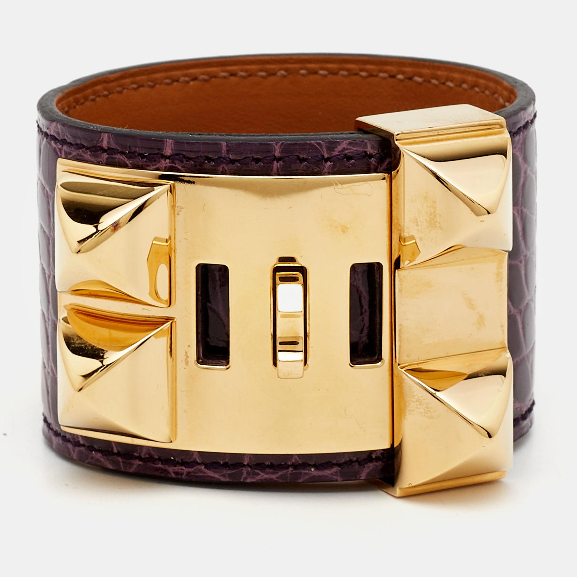 Hermes Collier De Chien Bracelet en cuir d'alligator plaqué or en vente 2