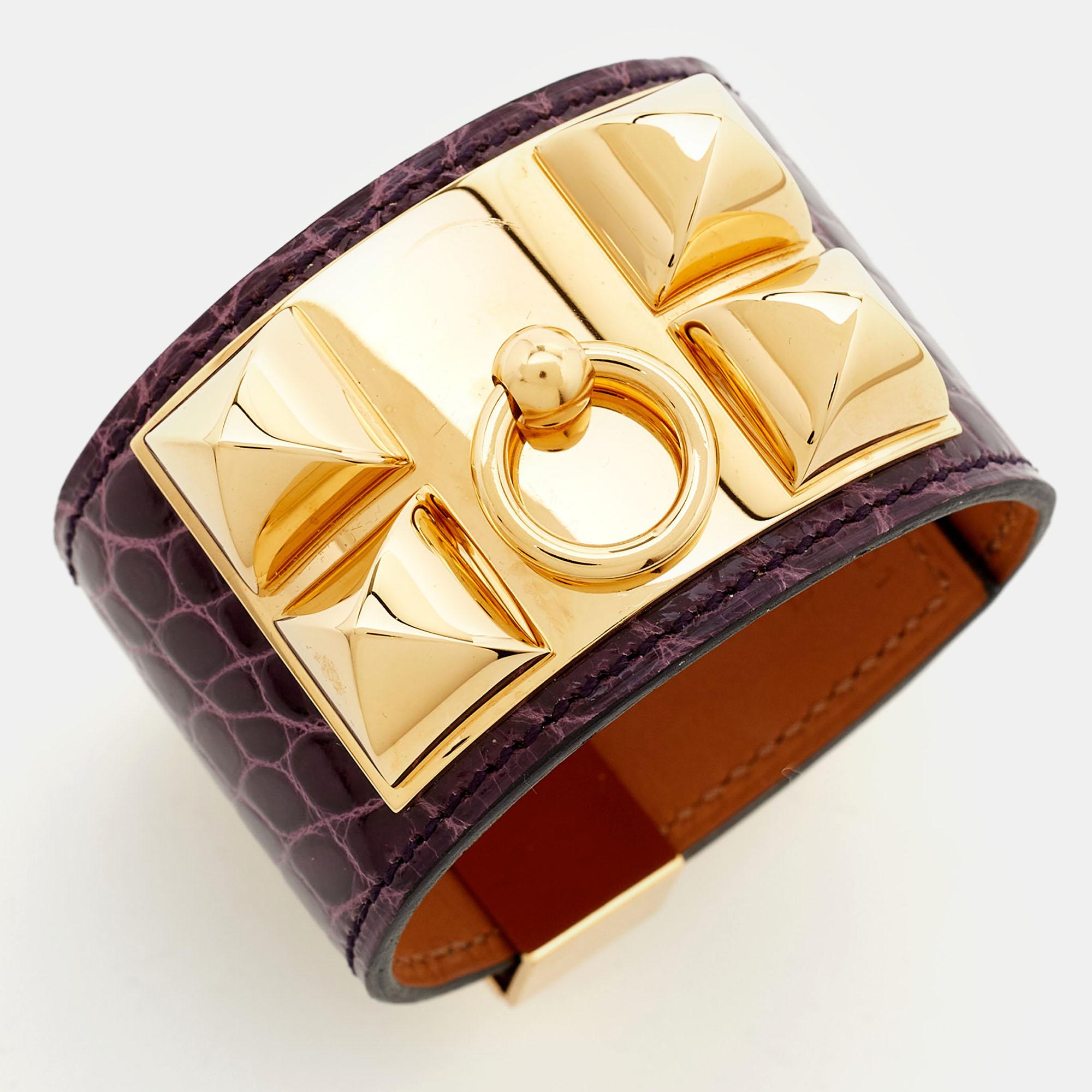 Hermes Collier De Chien Alligator Leather Gold Plated Bracelet For Sale 3