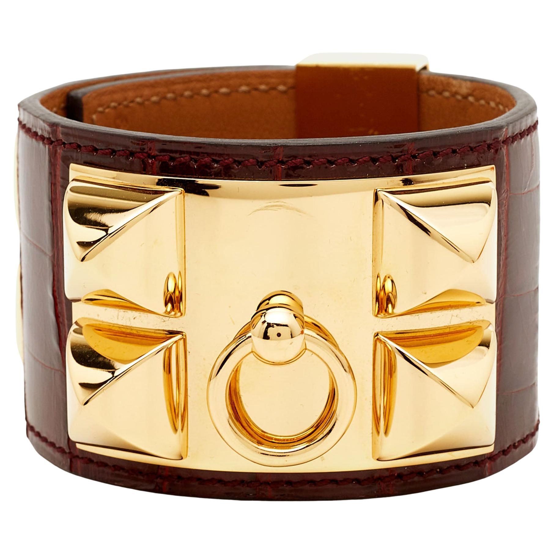 Hermes Collier De Chien Alligator Leather Gold Plated Bracelet For Sale