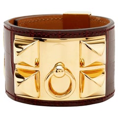 Vintage Hermes Collier De Chien Alligator Leather Gold Plated Bracelet