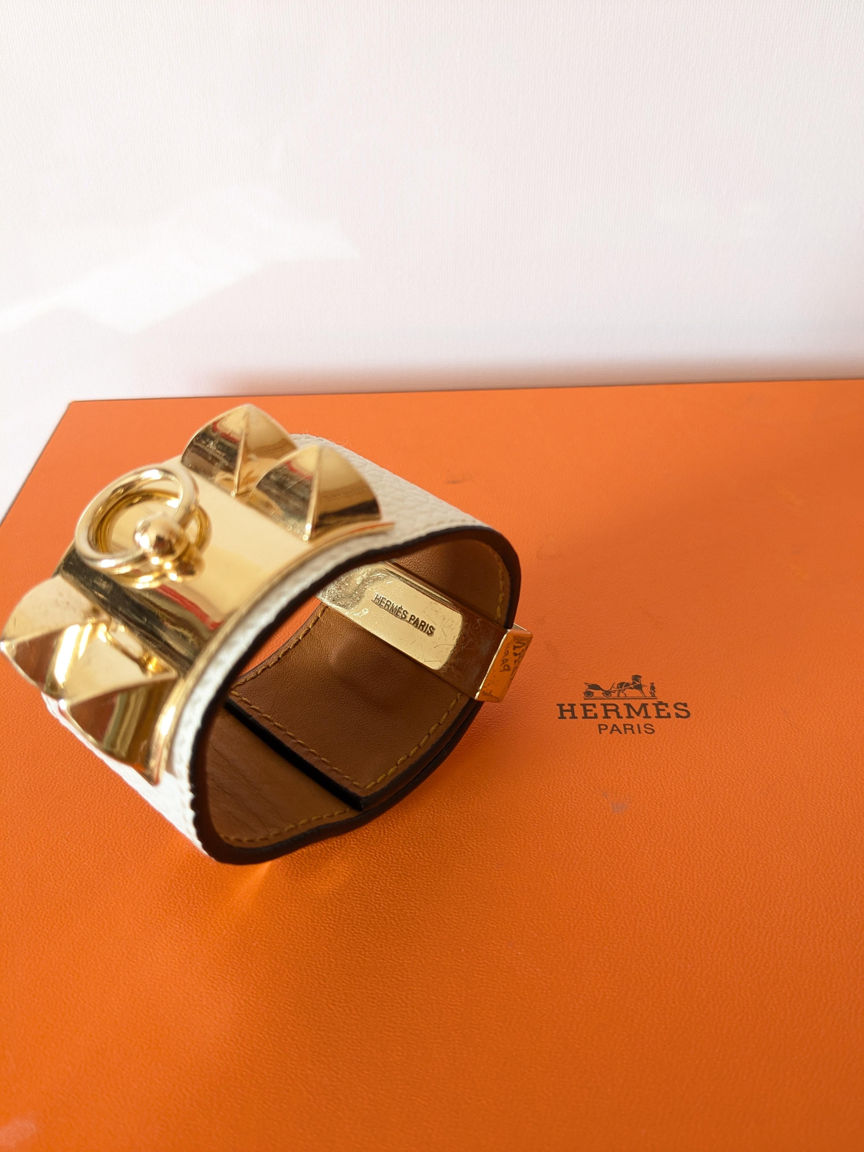 Marrone HERMES Bracciale Collier de Chien in pelle epson bianca finitura oro rosa in vendita