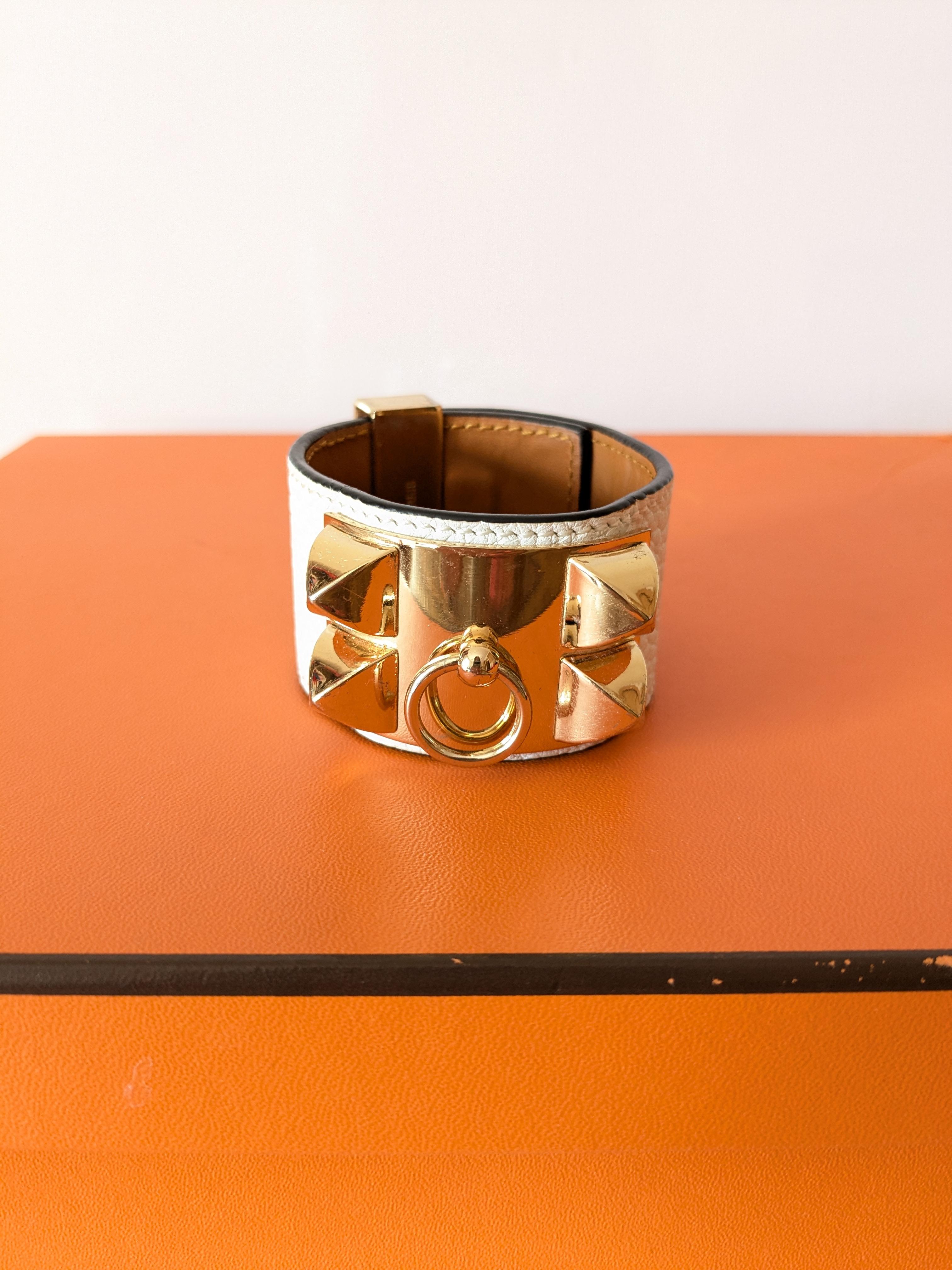 HERMES Bracciale Collier de Chien in pelle epson bianca finitura oro rosa in vendita 1