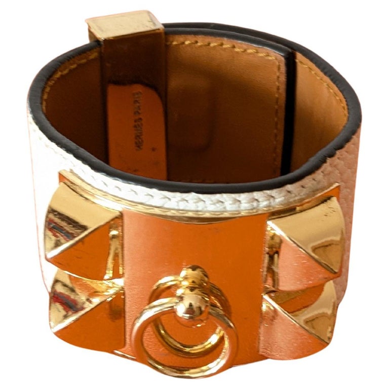 HERMES Collier de Chien Bangle Bracelet white epson Leather  display picture 2