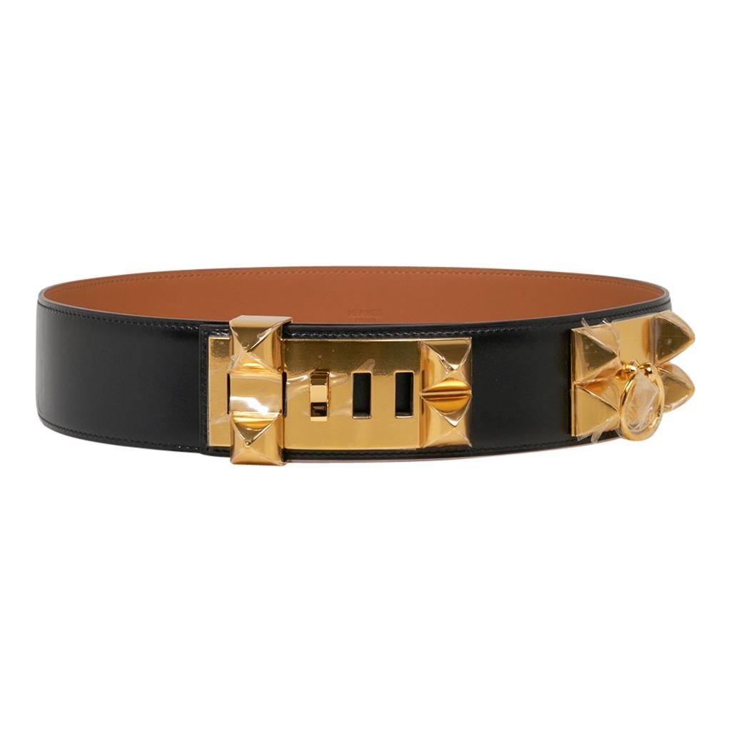 Guaranteed authentic Hermes Collier de Chien Black Box leather belt.
This Signature Hermes CDC belt is featured with Gold hardware.
Rare to find, this retired model is a collectors treasure.
Hermes Paris Made in France stamped inside belt.
NEW or