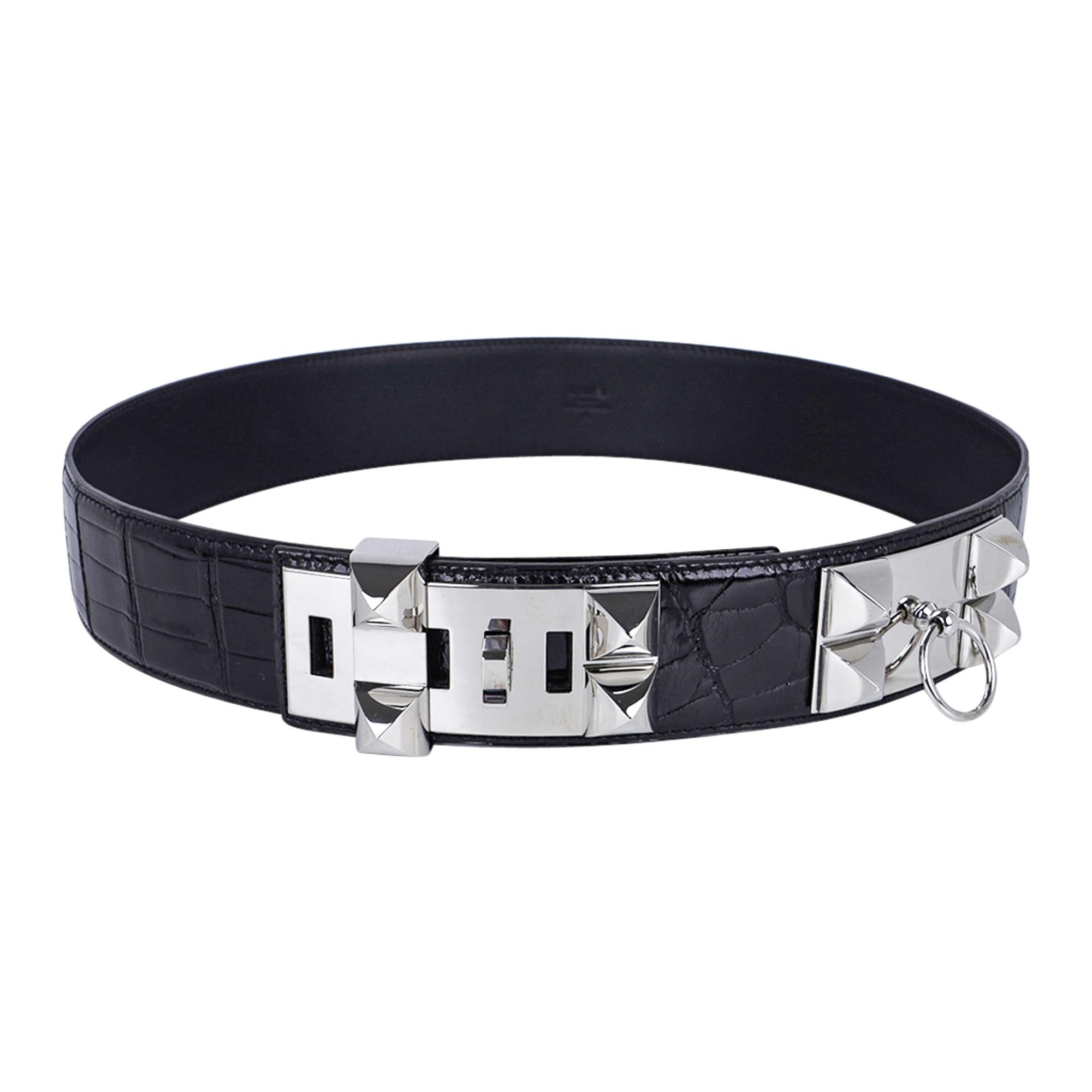 Women's Hermes Collier De Chien Belt Black Porosus Crocodile Palladium 90 New