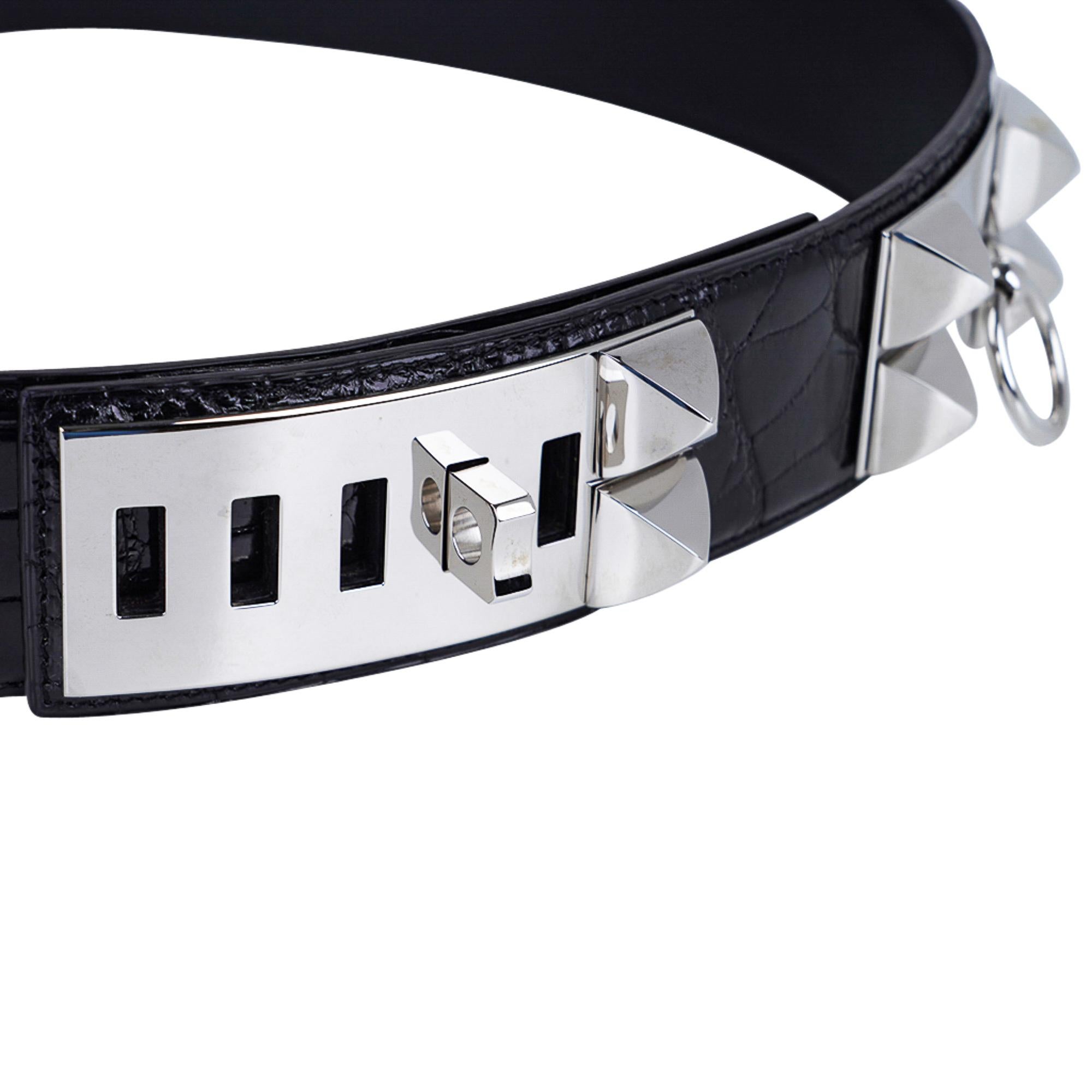 Hermes Collier De Chien Belt Black Porosus Crocodile Palladium 90 New 2