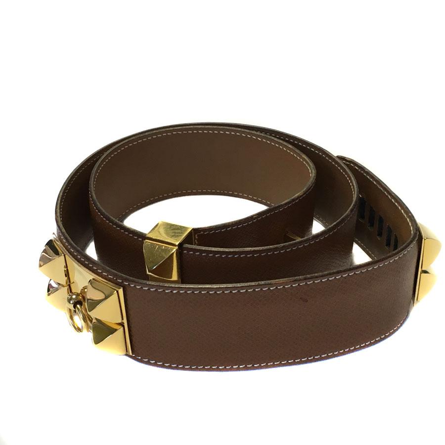 Brown HERMES Collier de Chien Belt in Gold Courchevel Leather Size 78