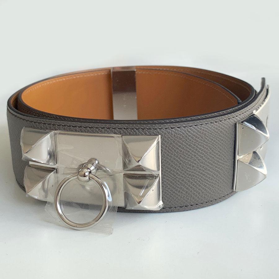 HERMES Collier de Chien Belt in Tin Color Epsom Leather Size 85 In New Condition In Paris, FR