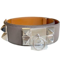 HERMES Collier de Chien Ceinture en cuir d'Epsom couleur étain Taille 85