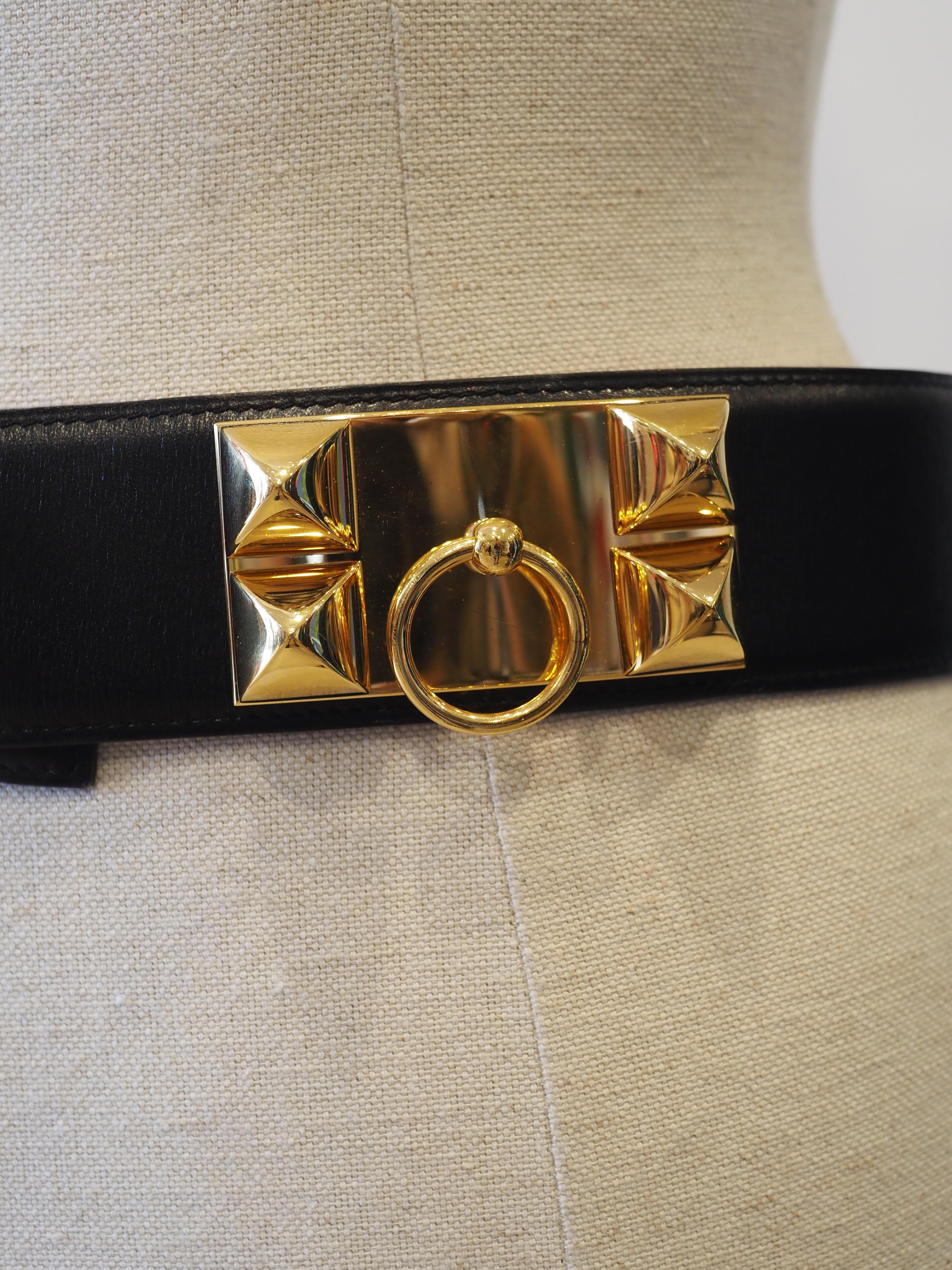 Women's or Men's Hermès Collier de chien black leather gold hardware belt