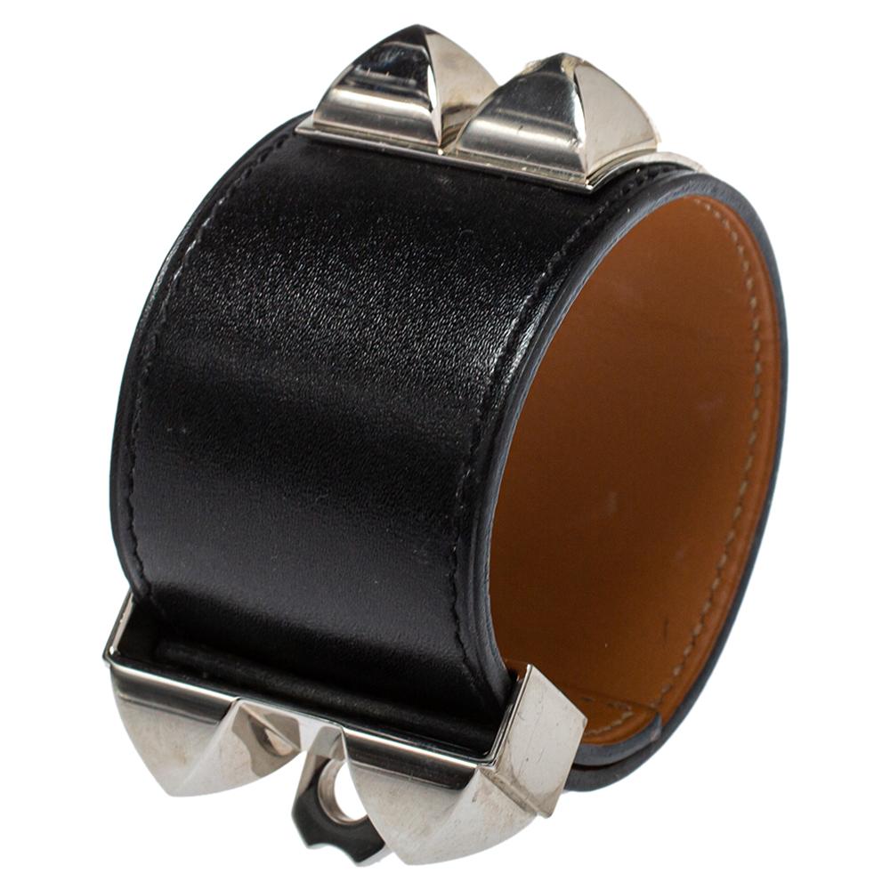 Hermès Collier de Chien Black Leather Palladium Plated Wide Bracelet S In Good Condition In Dubai, Al Qouz 2