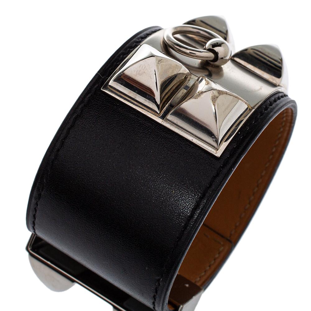 Women's Hermès Collier de Chien Black Leather Palladium Plated Wide Bracelet S