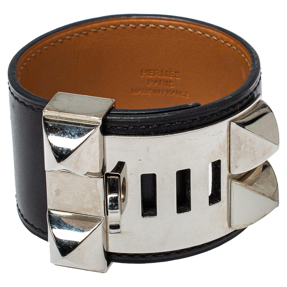 Hermès Collier de Chien Black Leather Palladium Plated Wide Bracelet S 1