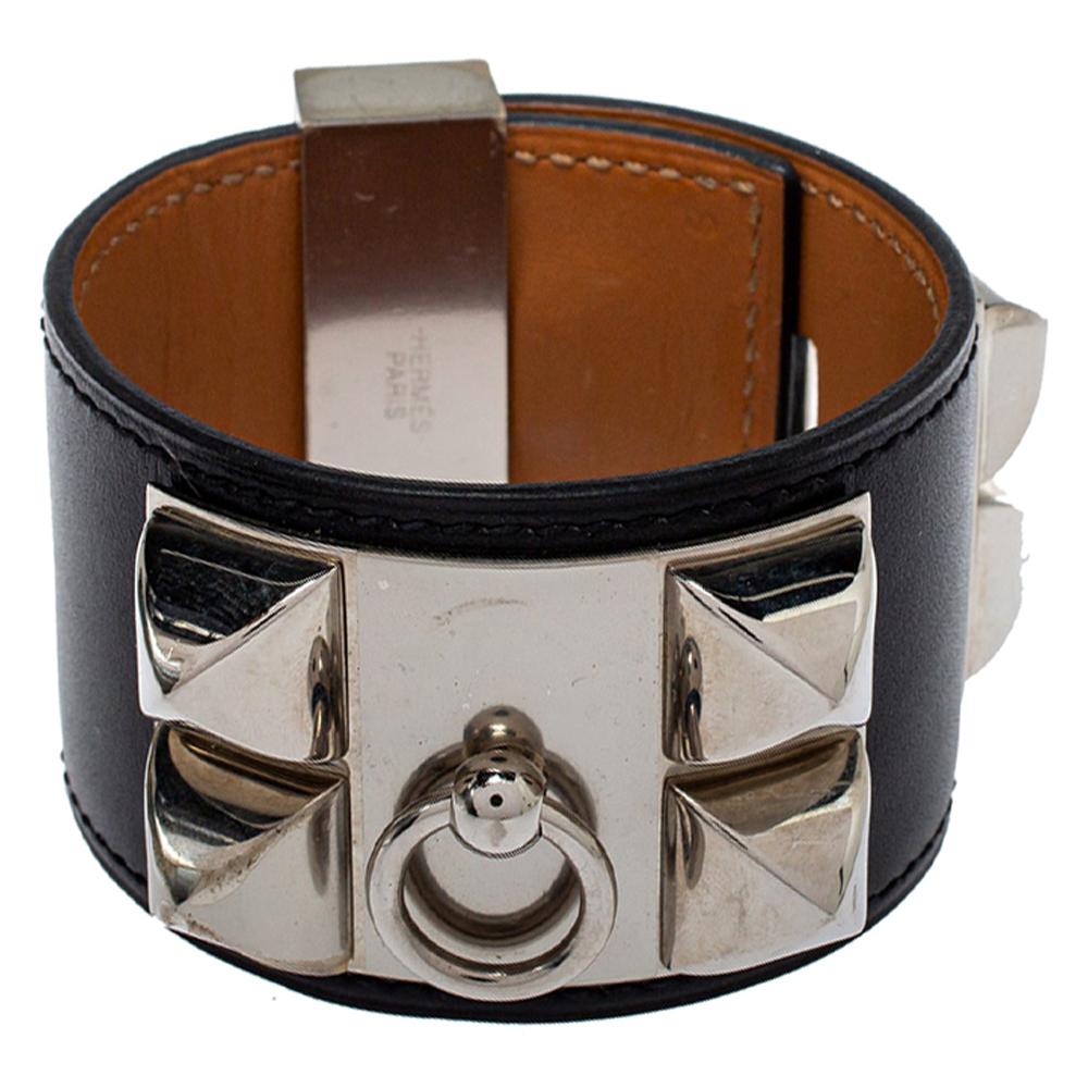 Hermès Collier de Chien Black Leather Palladium Plated Wide Bracelet S