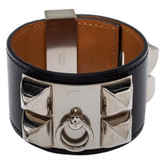 Hermès Collier de Chien Black Leather Palladium Plated Wide Bracelet S