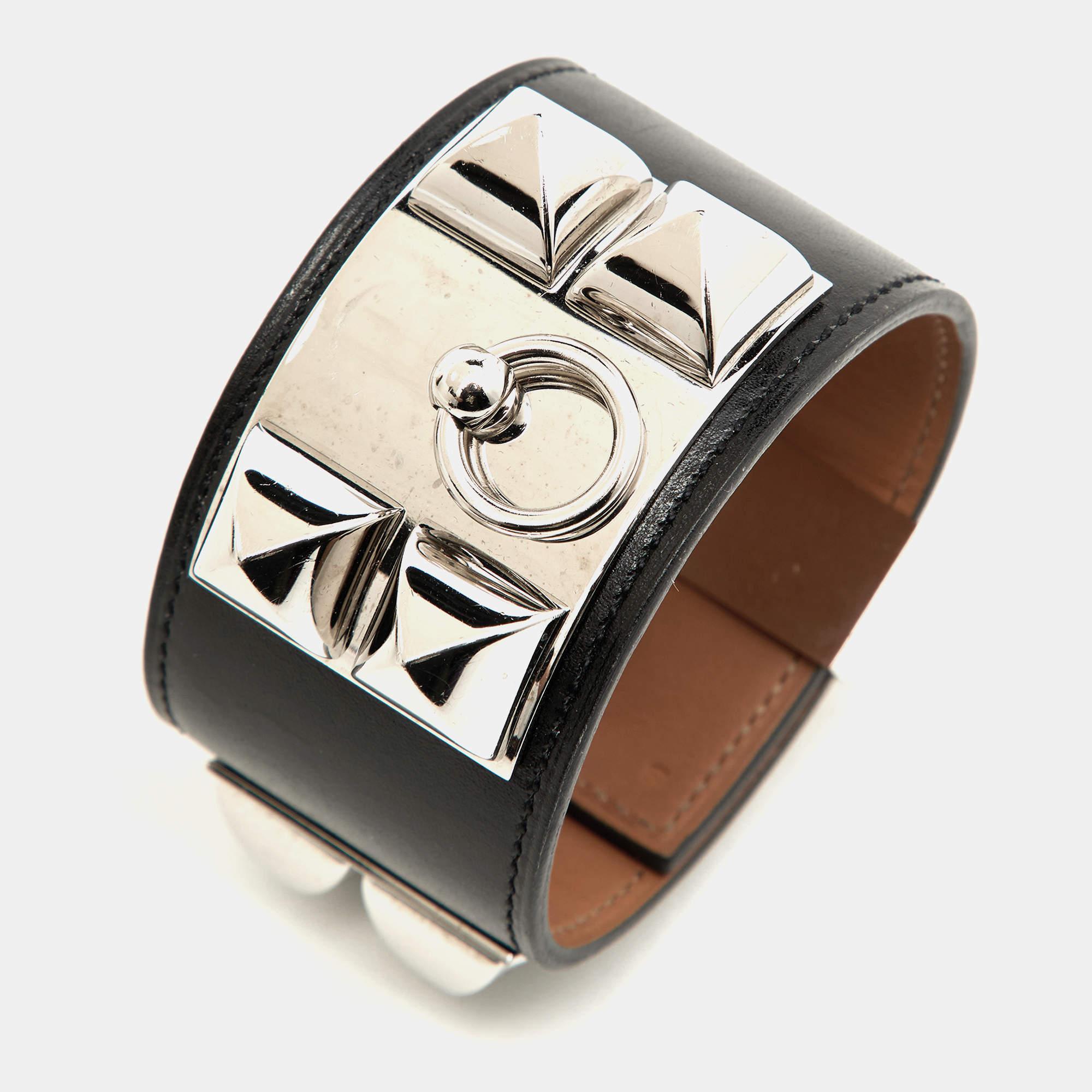 Hermes Collier De Chien Bracelet large en cuir noir plaqué Palladium S Pour femmes en vente