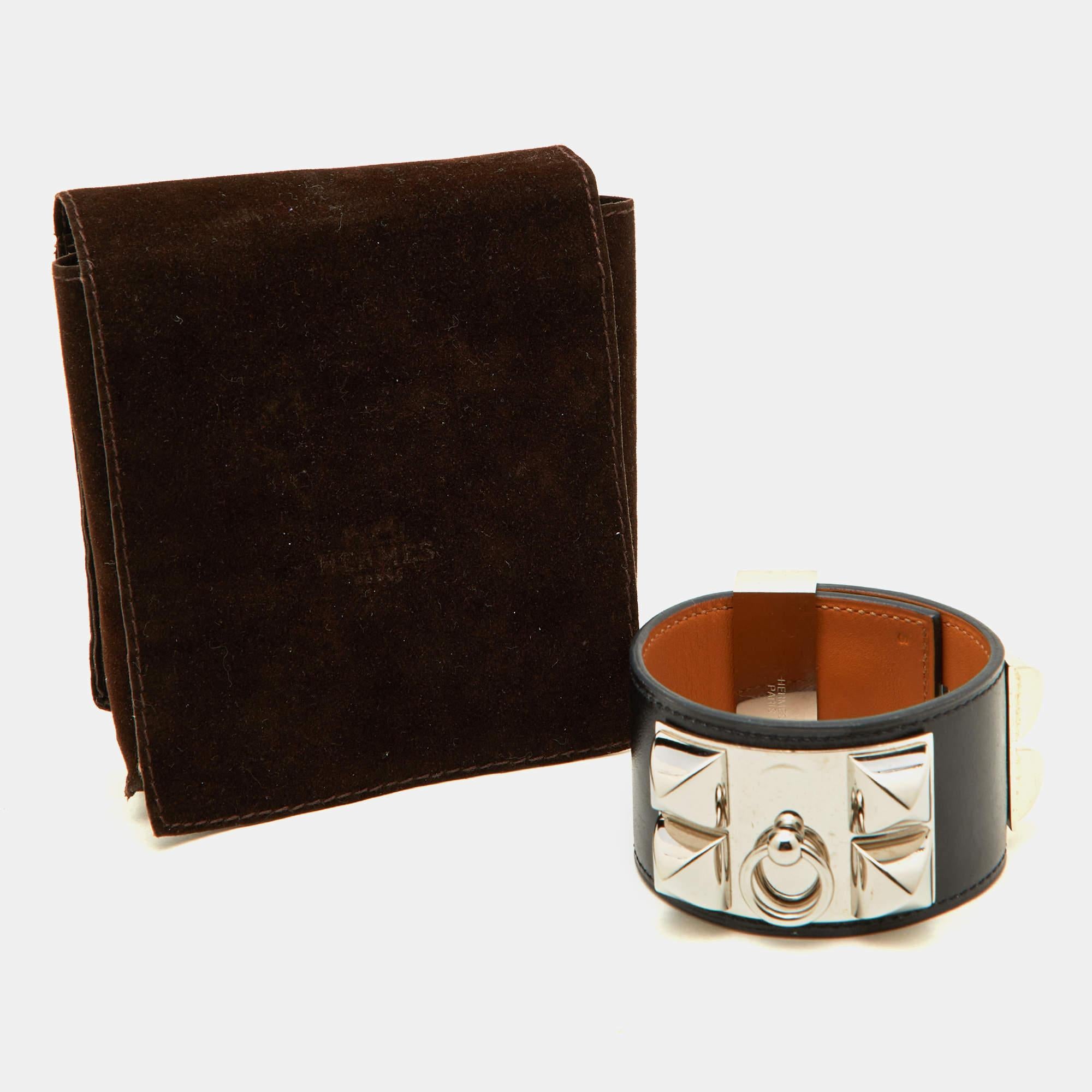 Hermes Collier De Chien Black Leather Palladium Plated Wide Cuff Bracelet S For Sale 1